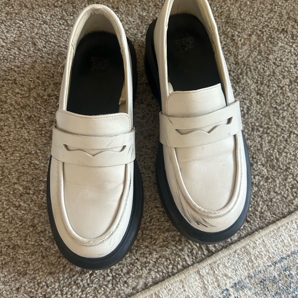 Women’s White Leather Penny Loafers with Black Sole